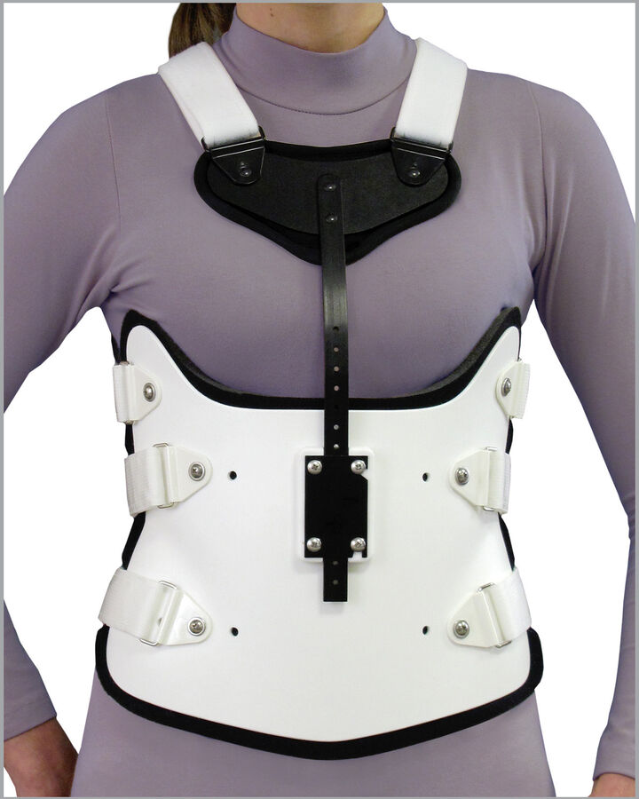 S.T.O.P. 4 brace anterior view with sternal shield and shoulder straps