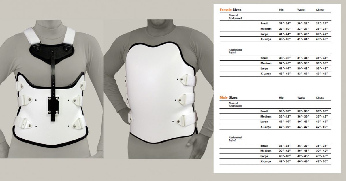 Spinal Tech Prefabricated S.T.O.P. Orthoses Size Chart